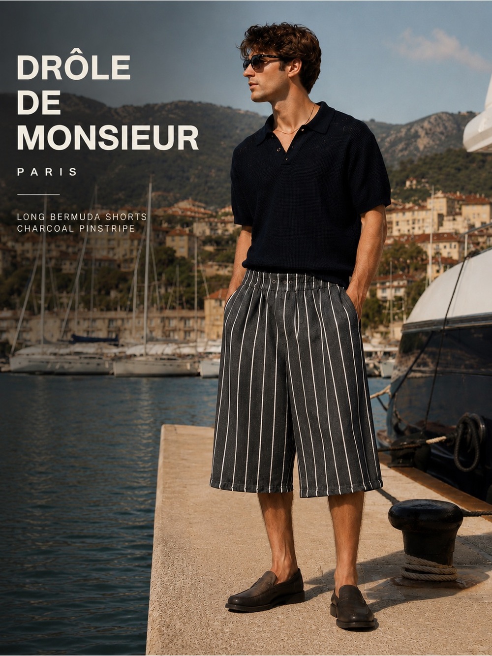 Drôle de Monsieur Long Bermuda Shorts – Charcoal Pinstripe